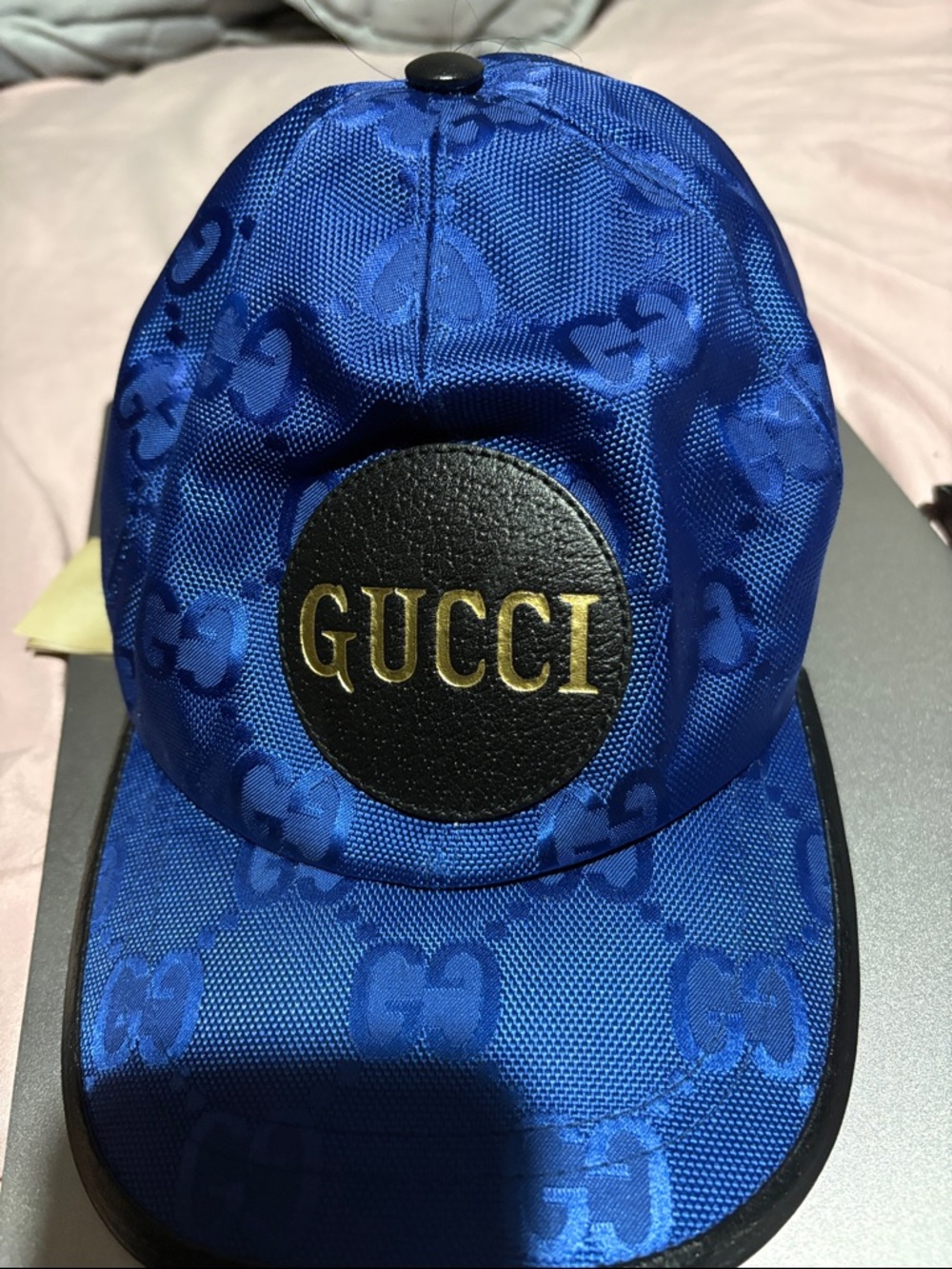 Gucci Royal Blue GG Jacquard Baseball Cap with Black Leather Logo